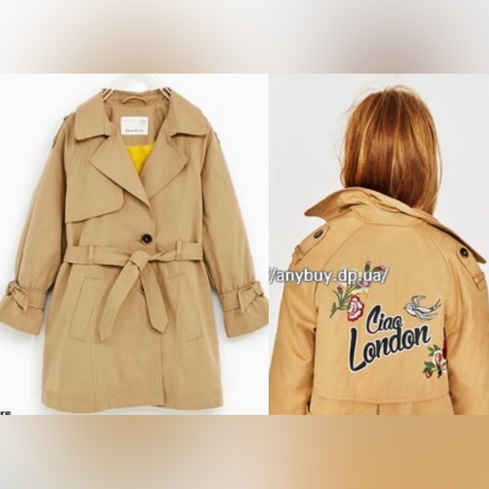Zara Girl’s Trench Coat w/ Yellow Faux Fur Lining “Ciao London” Back Size 14 New